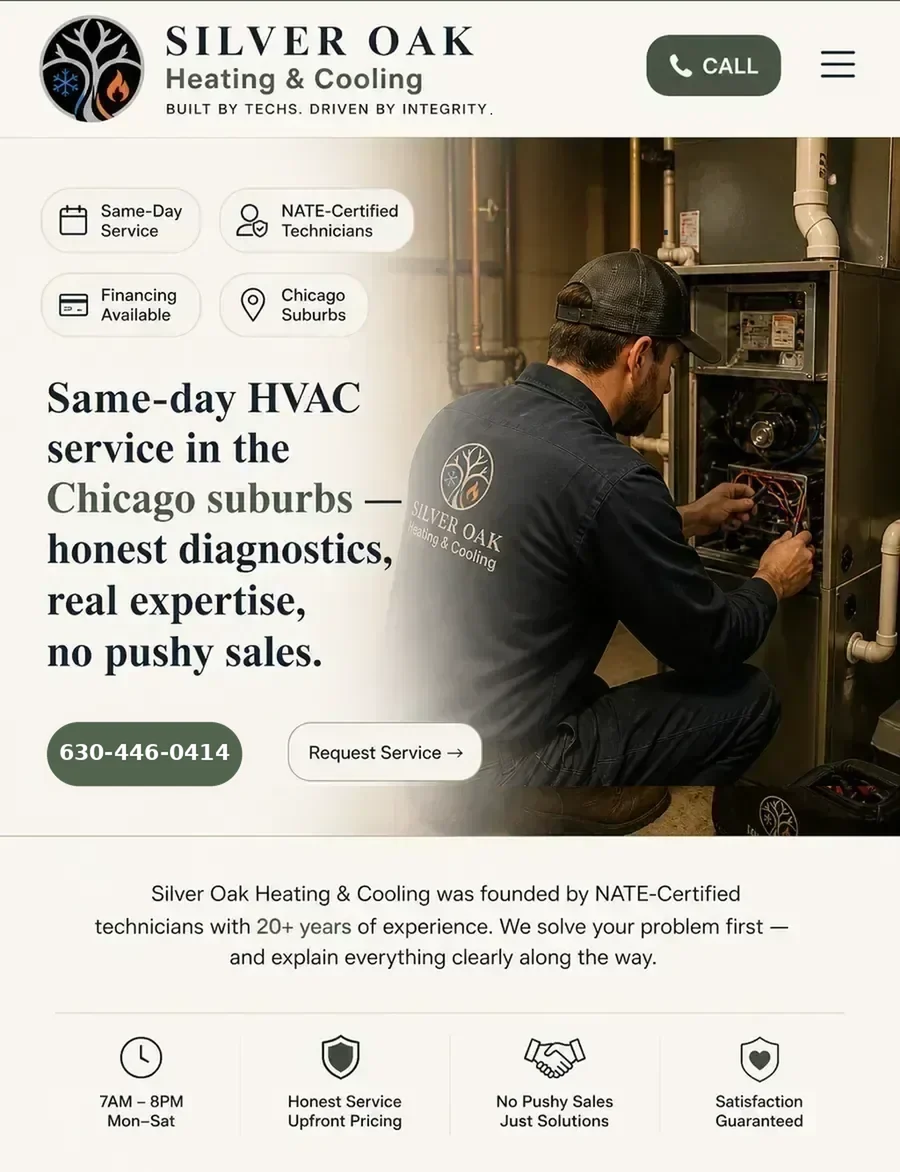 Silver Oak Heating and Cooling homepage with technician servicing furnace